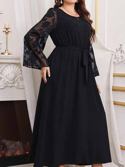 flowersverse Plus Size High Waist Black Polka Dot Patchwork Dress