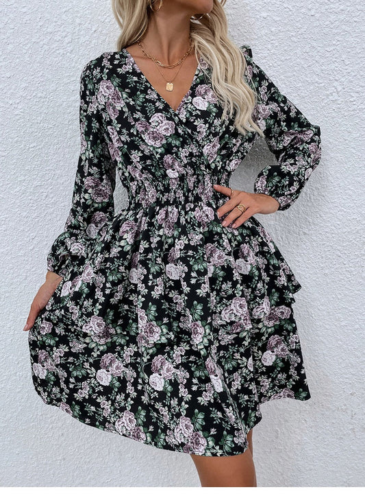 flowersverse Women Spring Fall V Neck Long Sleeve Floral A Line Dress For Ladies Fashion Puff Sleeve Printed All Match Waist Dress