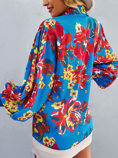 flowersverse Buttoned Elasticity Flower Print Long Sleeves Loose Lapel Blouses&Shirts Tops