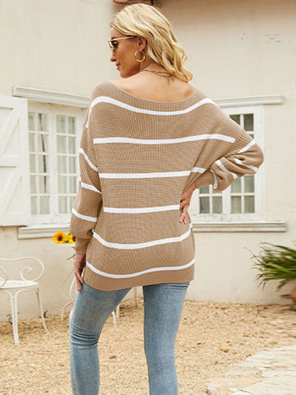 flowersverse Long Sleeves Striped Off-The-Shoulder Sweater Tops