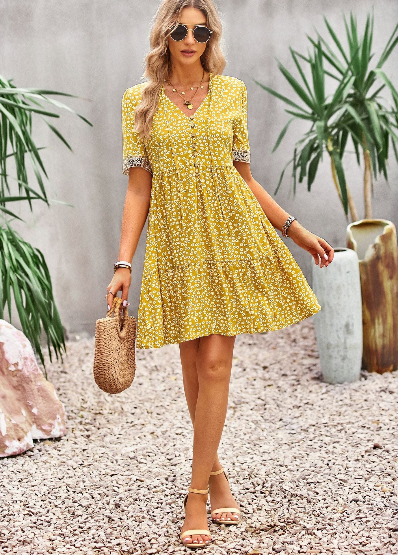 flowersverse Floral Buttoned Puff Sleeve Dress