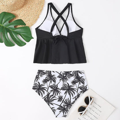 flowersverse Women's Swimwear Tankini 2 Piece Normal Swimsuit 2 Piece Palm Tree Black Blue Tank Top Bathing Suits Sports Summer