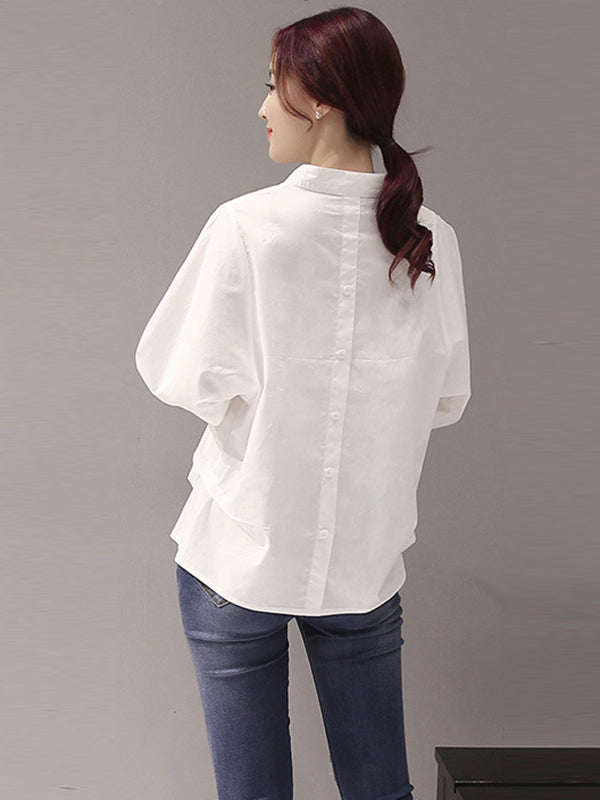 flowersverse Urban Stand Collar Solid Color Blouse Top