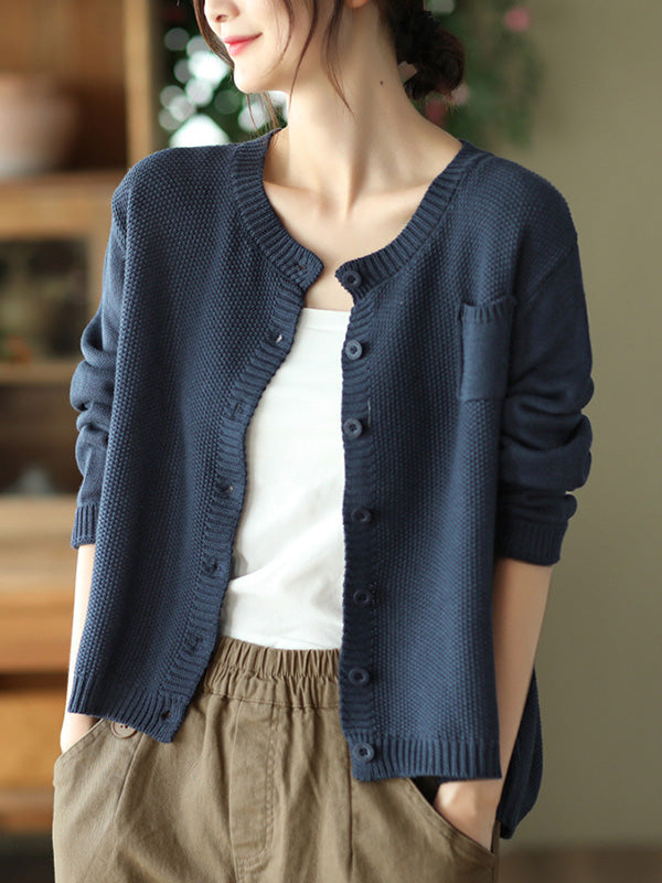 flowersverse Simple Loose Long Sleeves Buttoned Solid Color Round-Neck Cardigan Tops