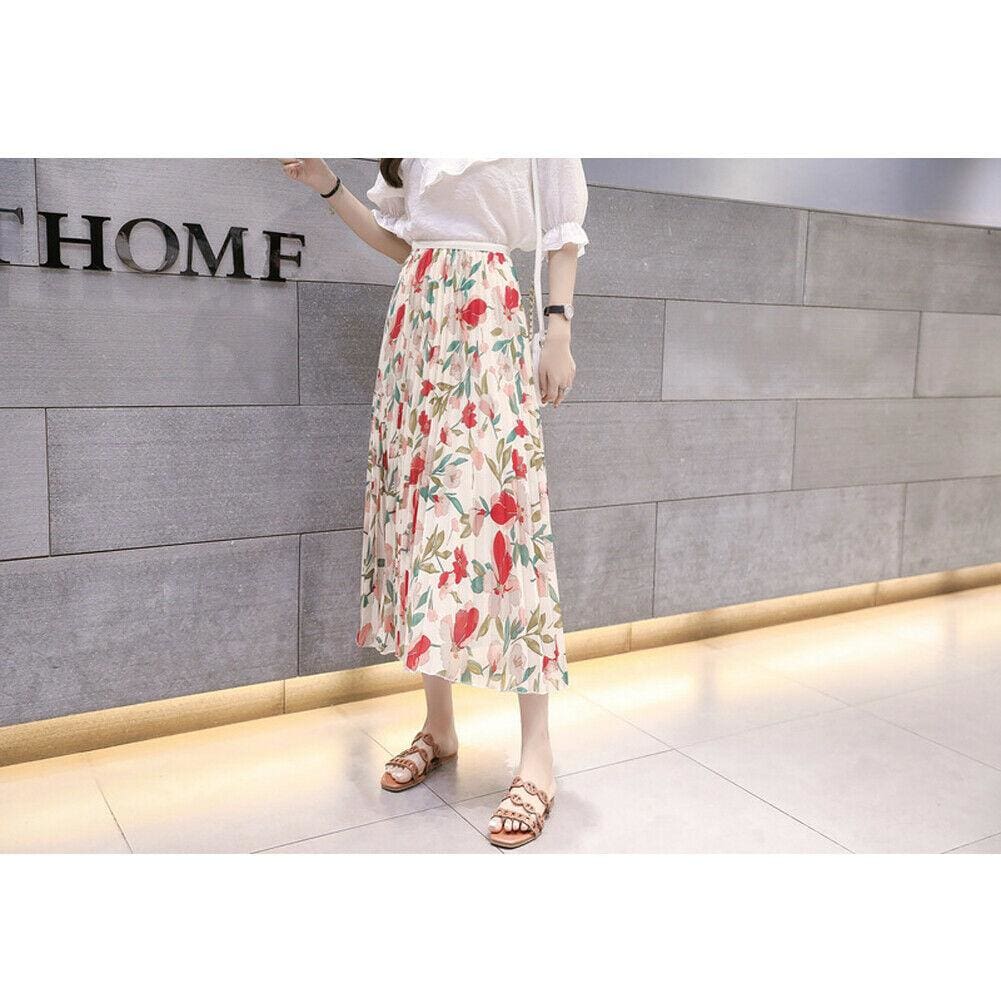 flowersverse  Fashion Women Floral Pleated Boho Midi Skirt High Waist Ladies Casual Summer Party Cocktail Wrap Skirt Sundress