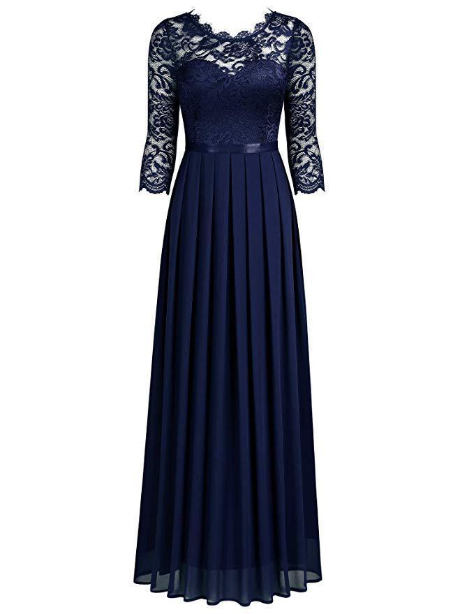 flowersverse Medium-Long Sleeve Chiffon Dress Round Neck Stitching Lace Dress Evening Dress Black Dresses