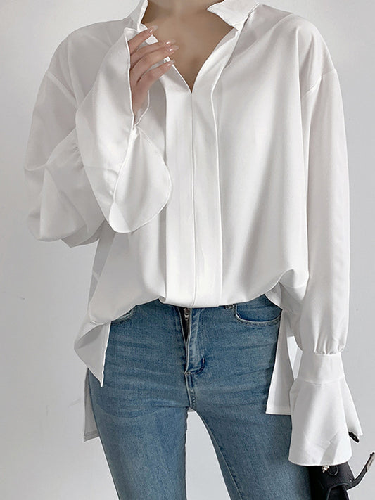 flowersverse Solid Color Flared Sleeves High-low V-neck Blouses&shirts Tops