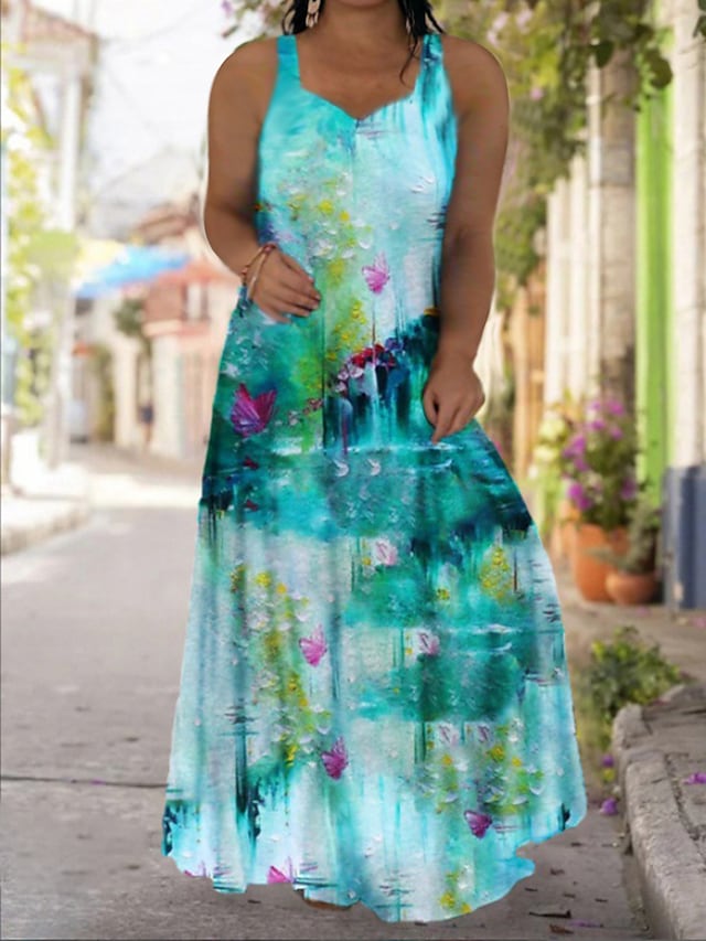 flowersverse Women's Plus Size Casual Dress Slip Dress Floral Butterfly Long Dress Maxi Dress Sleeveless Backless Print Strap Fashion Daily Black Light Green Spring Summer L XL XXL 3XL 4XL