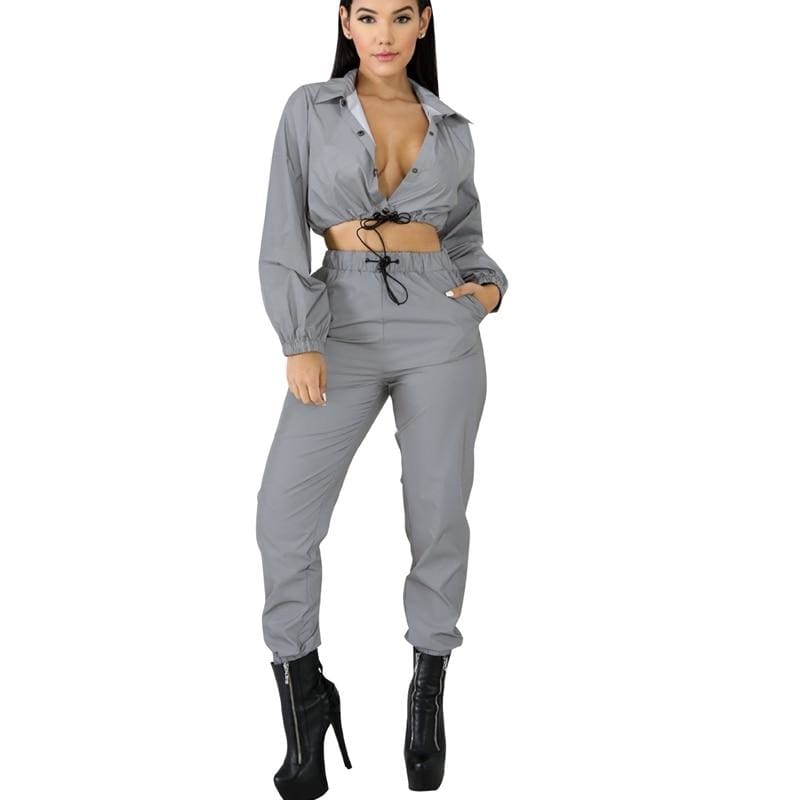 flowersverse Women Tracksuit Zip Reflective Light Jackets&Shorts Two Pieces Set Or Jumpsuit Clubwear Festival Clothes Plus Size