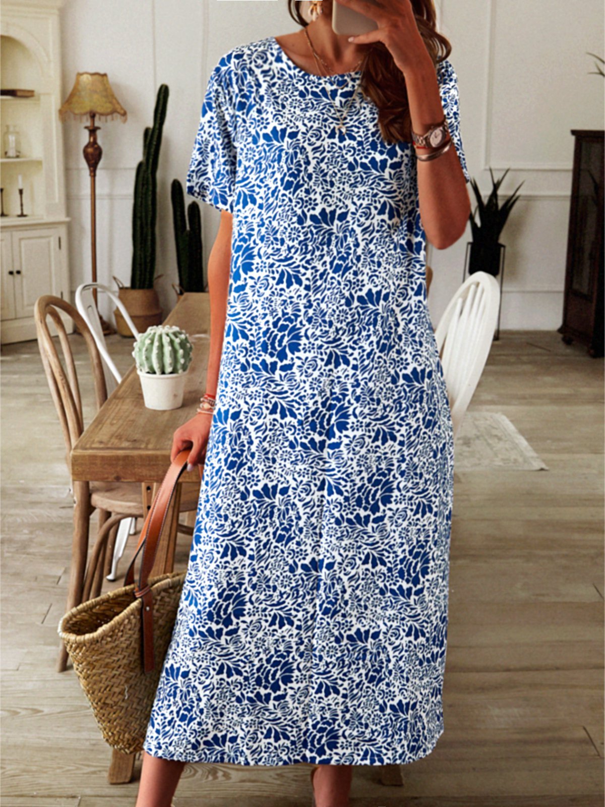 flowersverse Plus size Printed Short Sleeve Weaving Dress