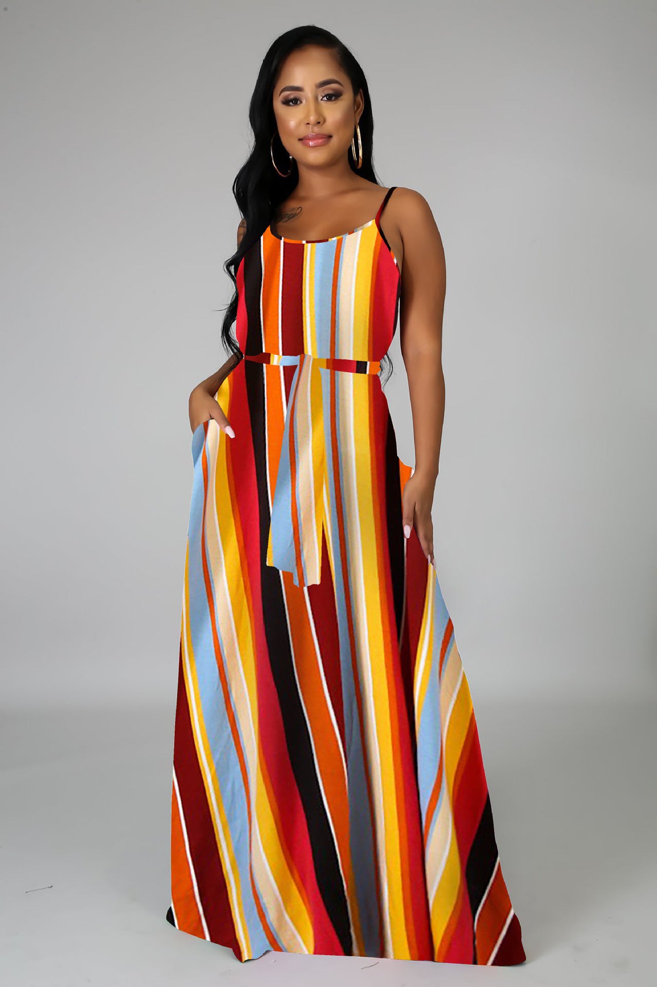 flowersverse Trendy Loose Plus Size Printed Stripe Strap Dress