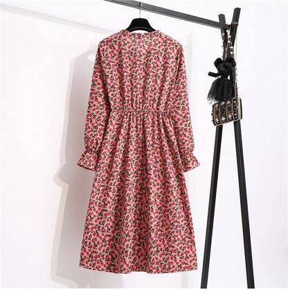 flowersverse Autumn Winter Ladies Chiffon High Elastic Waist Women Bow Aline Full Sleeve Flower Print Floral Party Dress Female Vestido