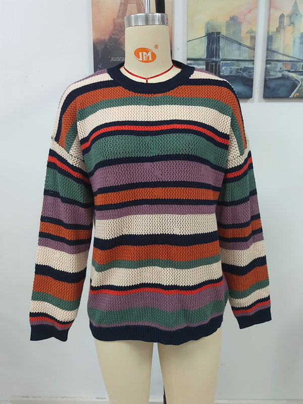 flowersverse Original Long Sleeves Loose Contrast Color Striped Round-Neck Sweater Tops