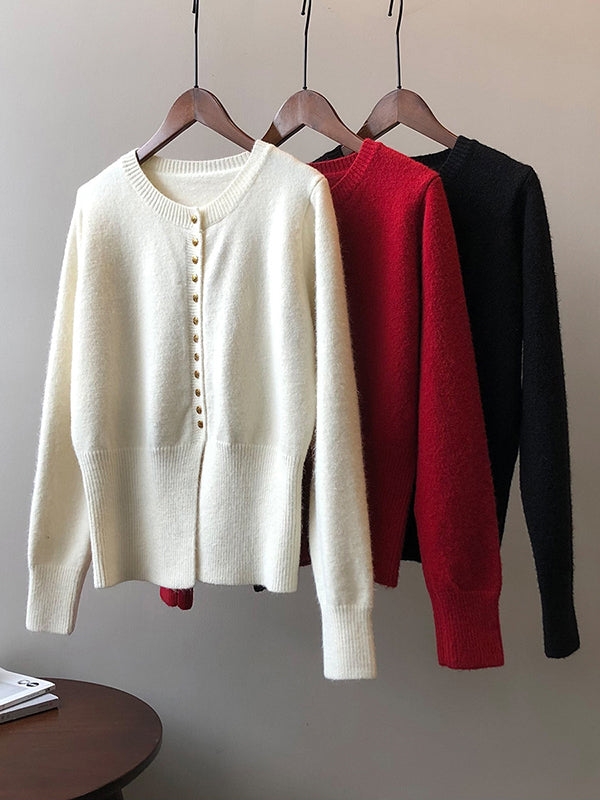 flowersverse Elegant Long Sleeves Solid Color Round-Neck Cardigan Tops