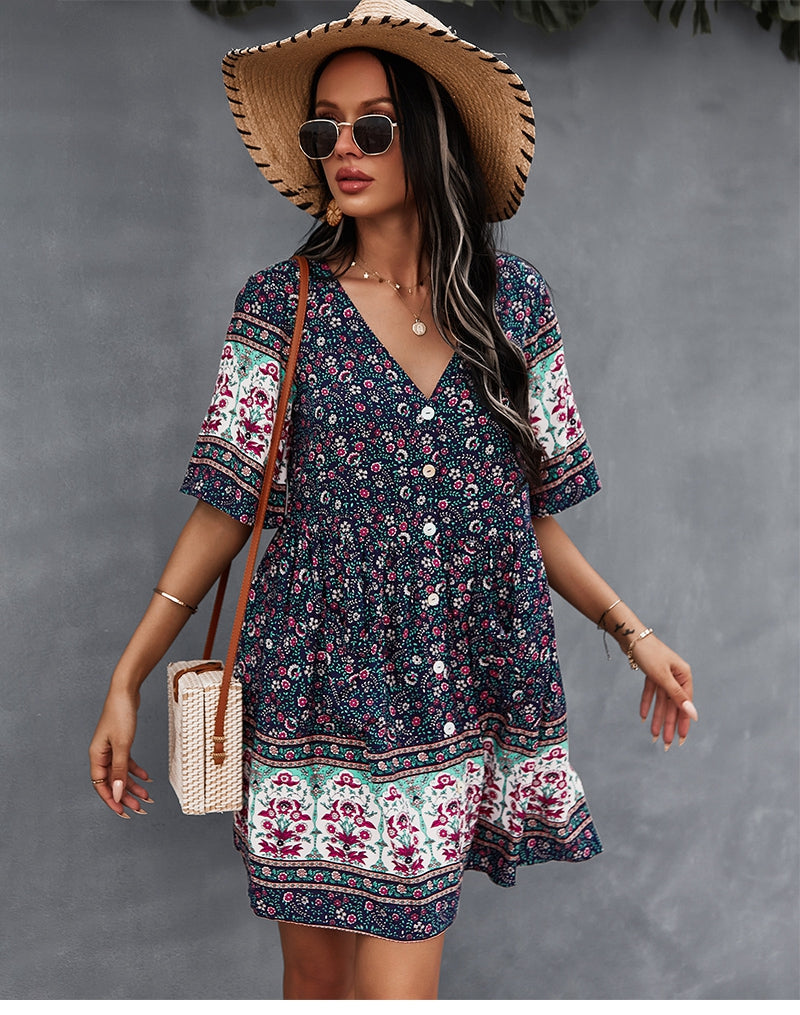 flowersverse Floral Print Summer Short Dress Women Casual V Neck Bohemian Short Sleeve Dress For Woman Fashion Sexy Spring Dress