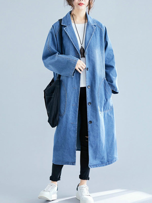 flowersverse Original Lapel Long Sleeve Denim Outerwear&Trench