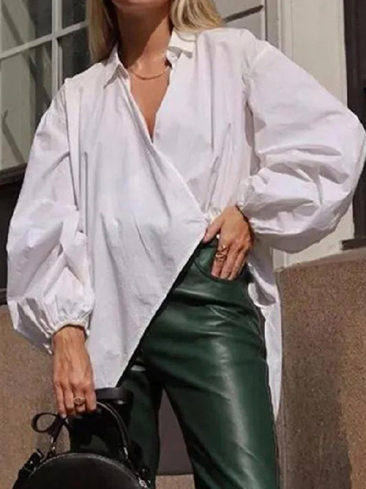 flowersverse Stylish Urban Asymmetric Split-Joint Solid Color Blouse
