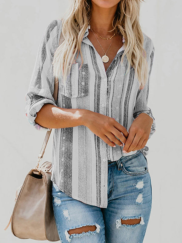 flowersverse Buttoned Pockets Striped High-Low Long Sleeves Lapel Blouses&Shirts Tops