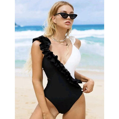 flowersverse Women's Swimwear One Piece Normal Swimsuit Ruffle Color Block Black And White Bathing Suits Sports Summer