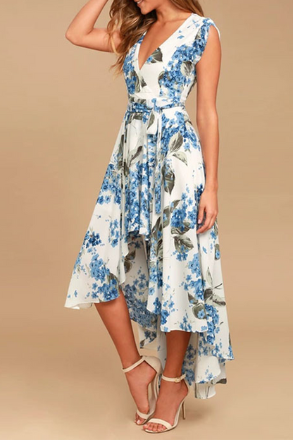 flowersverse Elegant Floral Frenulum With Belt Irregular Dress Dresses