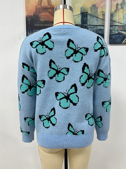 flowersverse Original Long Sleeves Loose Butterfly Print Contrast Color Round-Neck Sweater Tops