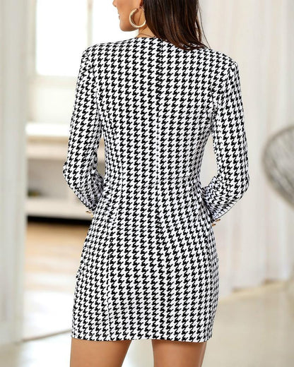 flowersverse V-Neck Houndstooth Buttoned Bodycon Dress