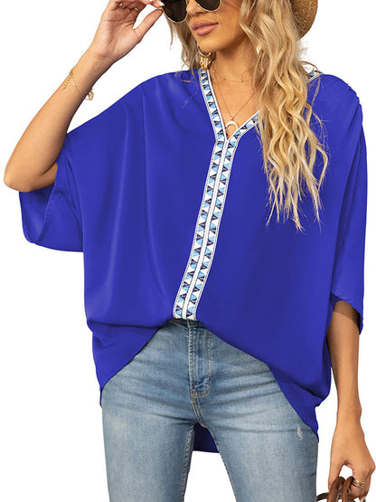 flowersverse Split-Joint Batwing Sleeves Loose V-neck Blouses&shirts Tops