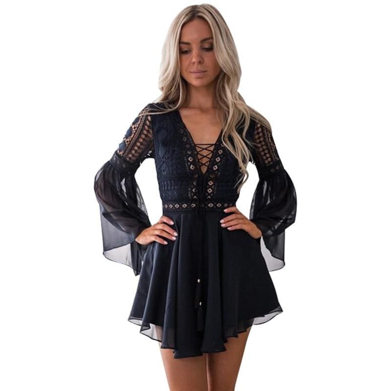 flowersverse Hollow Out Chiffon Dress Cross Bandage Lace V-Neck Long Sleeve Dress