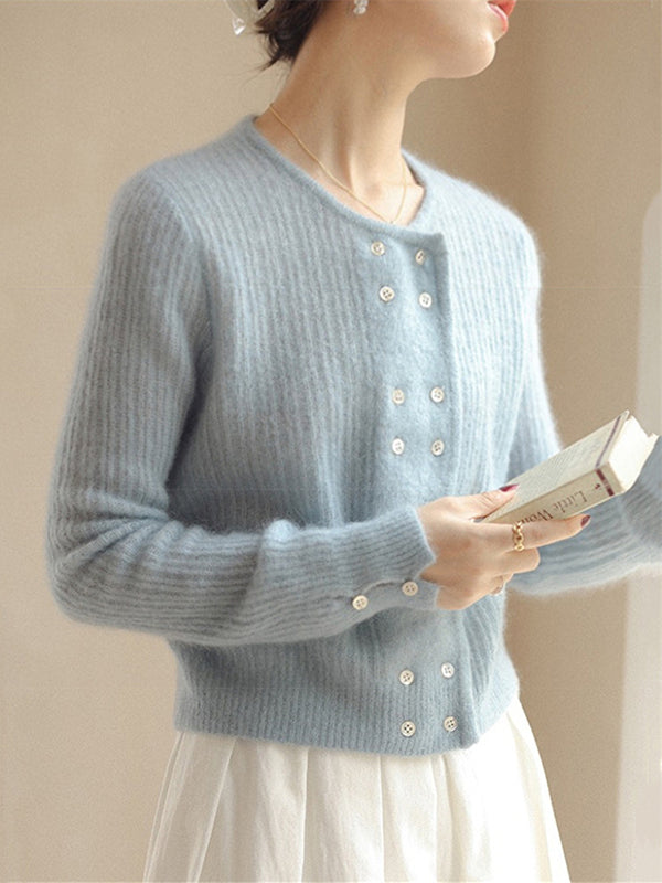 flowersverse Urban Long Sleeves Buttoned Solid Color Round-Neck Cardigan Tops