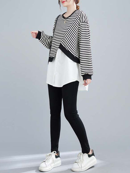 flowersverse Original Long Sleeves False Two Striped Round-Neck Hoodies&Sweatshirt Tops