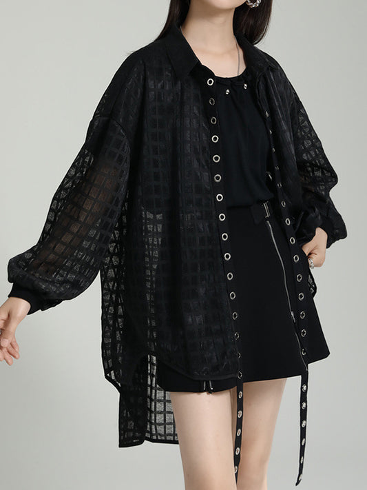 flowersverse Gauze See-Through High-low Long Sleeves Round-neck Blouses&shirts Tops