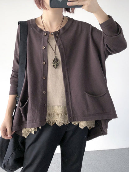 flowersverse Casual Loose Buttoned 8 Colors High-Low Round-Neck Long Sleeves Cardigan Tops