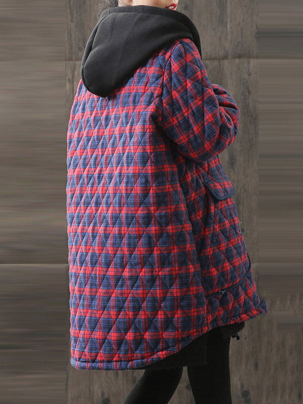 flowersverse Vintage Loose Plaid Quilted Hooded Padded Coat