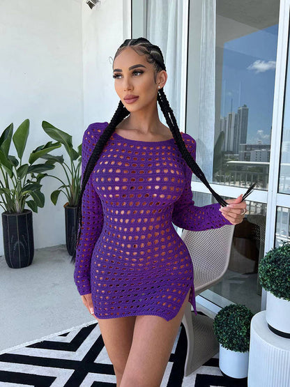 flowersverse Long Sleeve Ribbed Knit Bodycon Hollow Out MIni Dresses