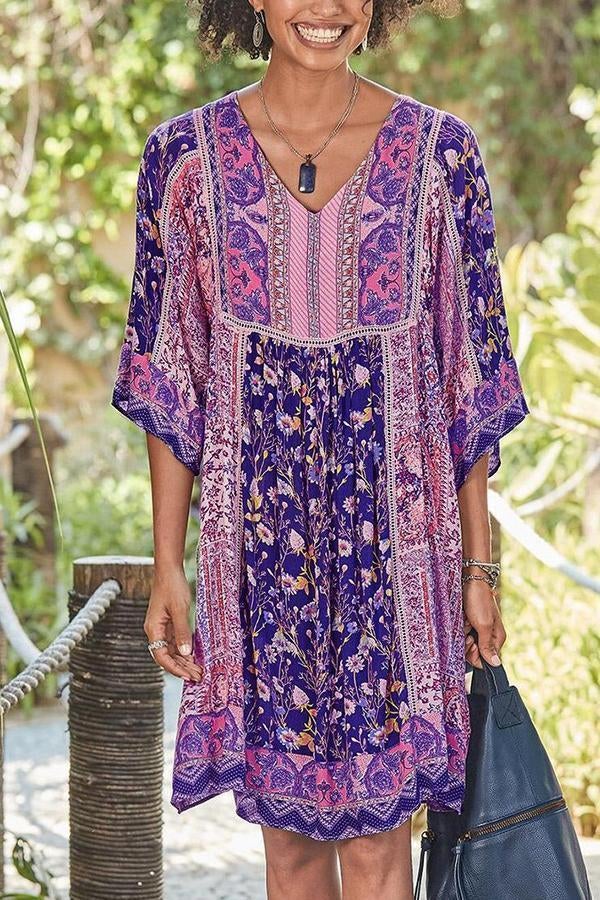 flowersverse Bohemian Floral Print V-neck Half Sleeves Holiday Midi Dress