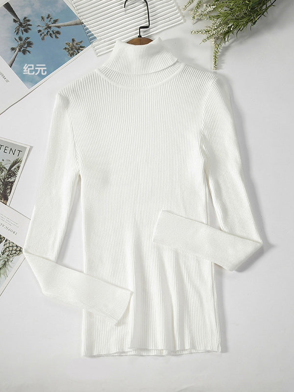 flowersverse Simple Skinny Solid Color High-Neck Sweater Tops