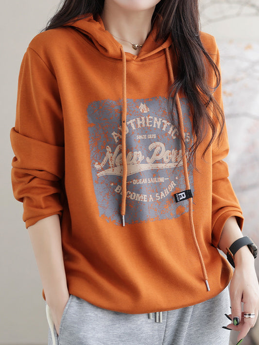 flowersverse Drawstring Printed Long Sleeves Loose Hoodies Tops