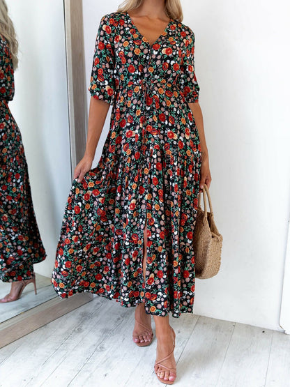 flowersverse Black Short Sleeve Casual Weaving Dress Flower dress