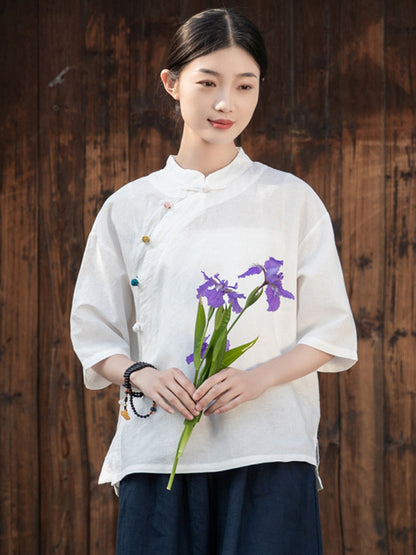 flowersverse Artistic Retro Loose Half Sleeves Buttoned Contrast Color Stand Collar Blouses&Shirts Tops