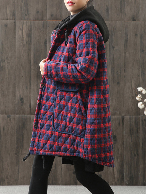 flowersverse Vintage Loose Plaid Quilted Hooded Padded Coat