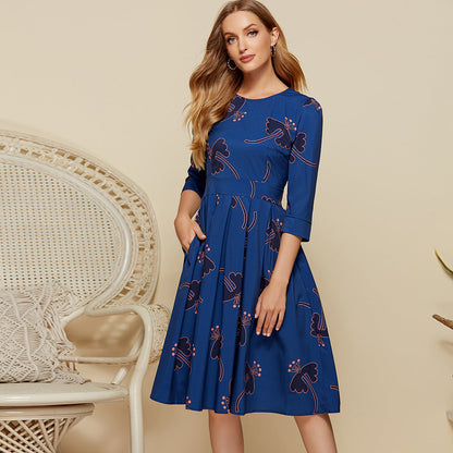 flowersverse Floral Pleated Round Neck Dress for Women