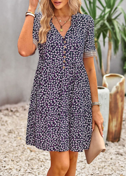 flowersverse Floral Buttoned Puff Sleeve Dress