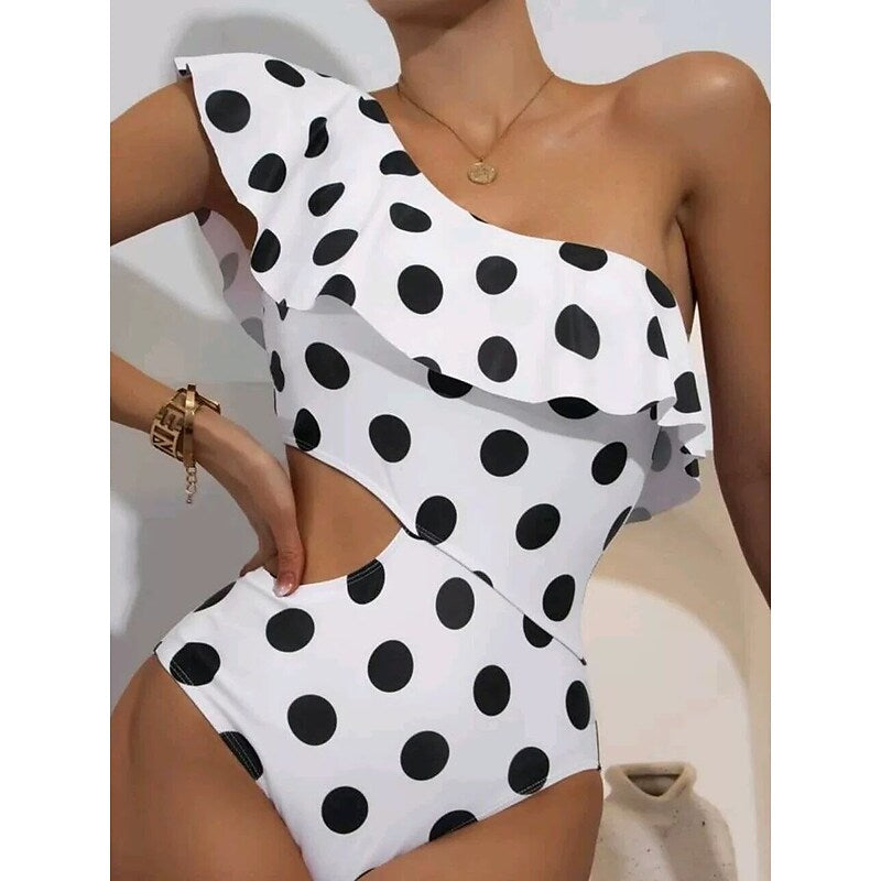 flowersverse Women's Swimwear One Piece Normal Swimsuit Ruffle Cut Out Printing One Shoulder Polka Dot Striped Black stripes blue strips White Bodysuit Bathing Suits Sports Summer