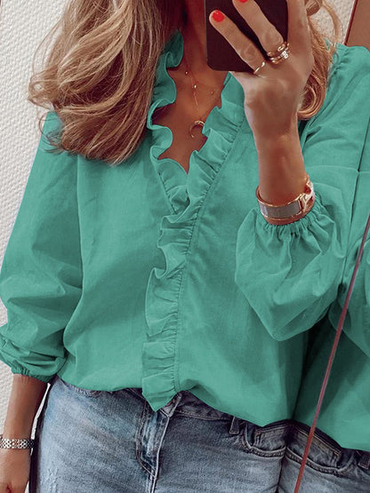 flowersverse Puff Sleeves Falbala Solid Color V-Neck Blouses