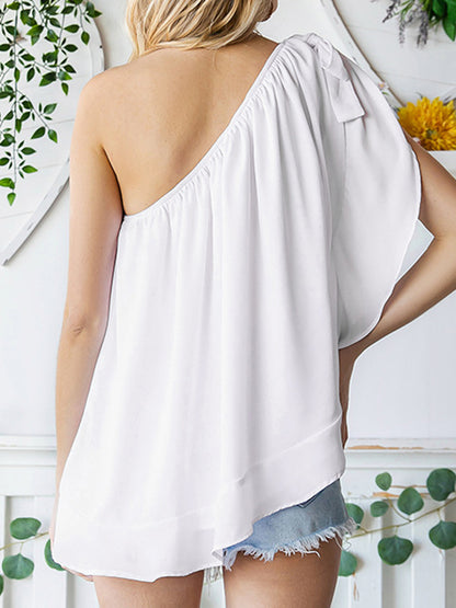 flowersverse Pleated Solid Color Loose Sleeveless One-Shoulder Vest Top