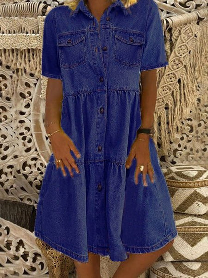 flowersverse Denim Daily Casual Shirt Collar Short Sleeve Buttoned Pockets A-line Weaving Dress