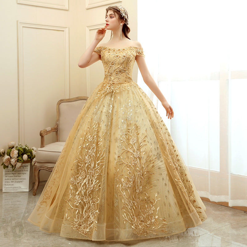 flowersverse Women's Long Gold Off Shoulder Evening Dress