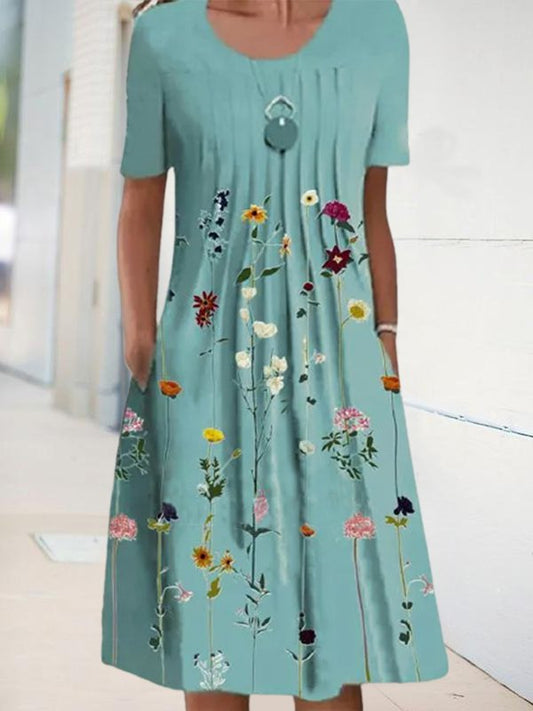 flowersverse Floral Tunic Round Neckline Midi A-line Dress