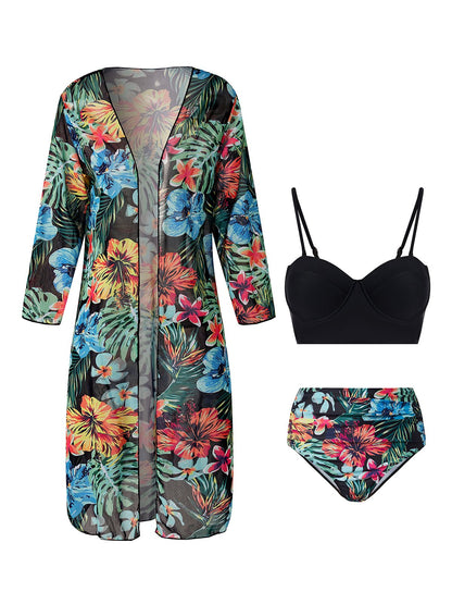 flowersverse Elegant Plants Printing Scoop Neck Bikinis set Three-Piece Set