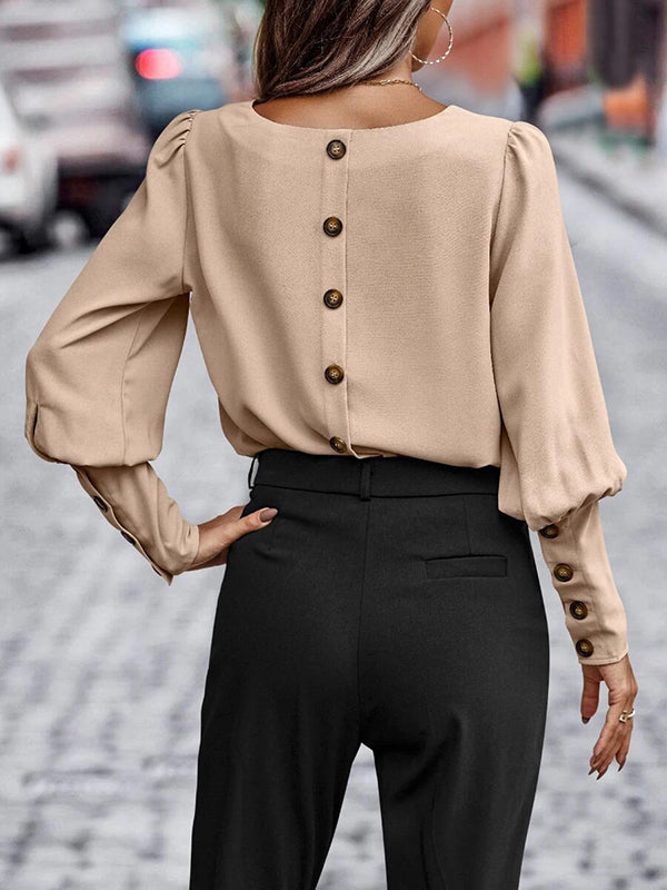 flowersverse Buttoned Long Sleeves Loose Round-neck Blouses&shirts Tops